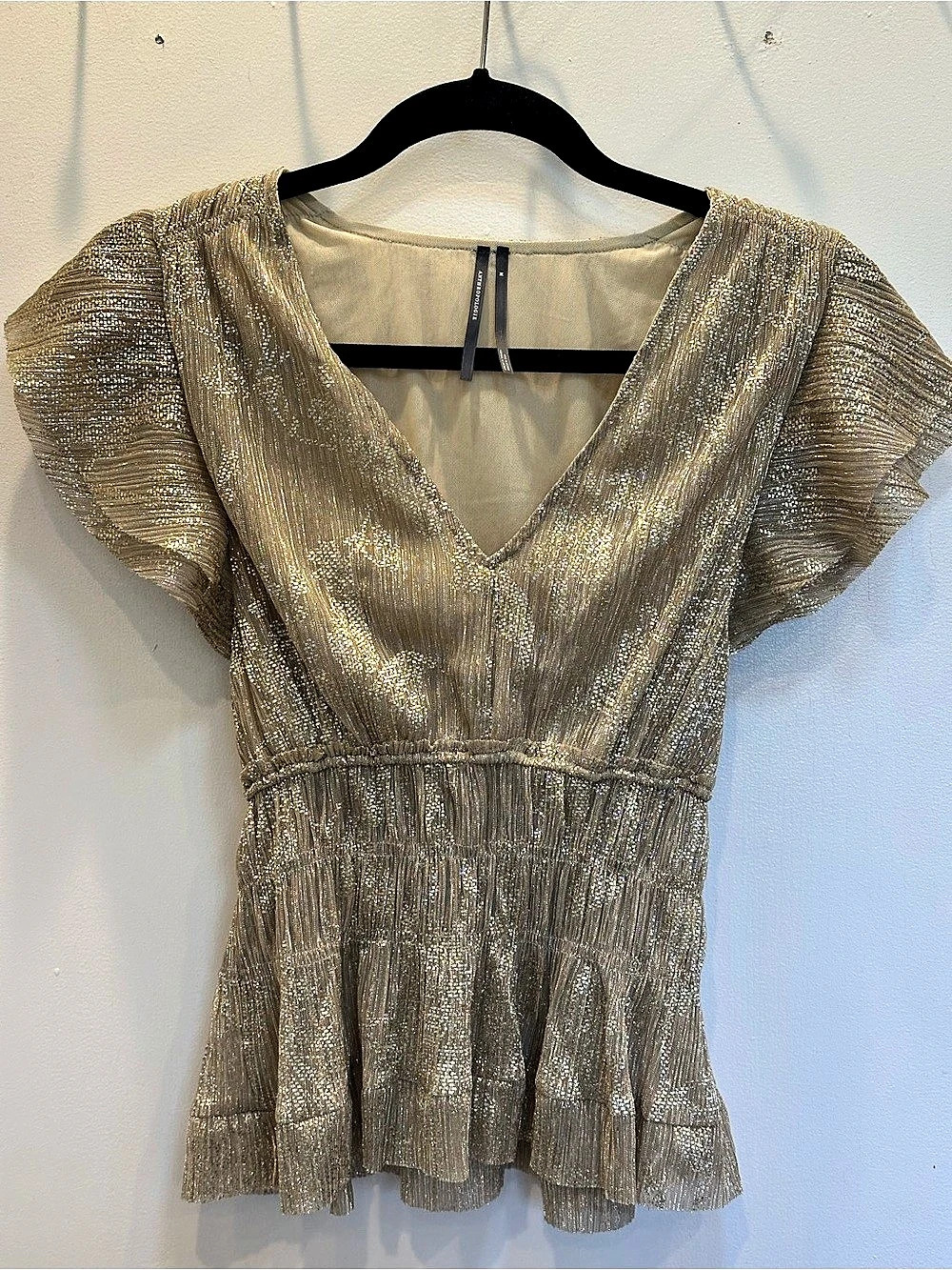 Anthropologie Smocked Metallic Short-Sleeve Top
